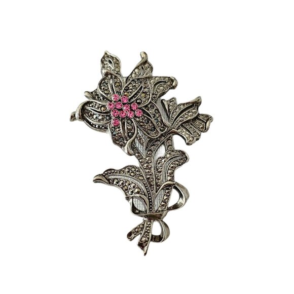 1928 Brand Silver Tone Pink Rhinestone, Marcasite Flower Trembler Brooch L268 - Picture 4 of 11